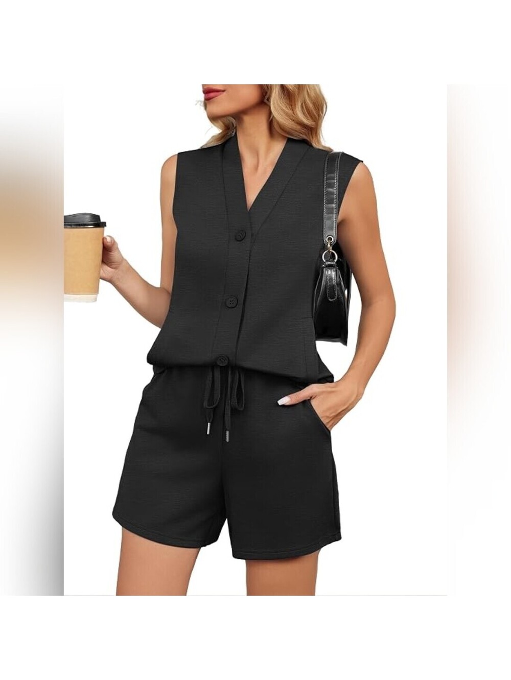 NWT Casly Lamiit Two Piece Sleeveless V Neck Button Down Shorts Set Outfit, XS